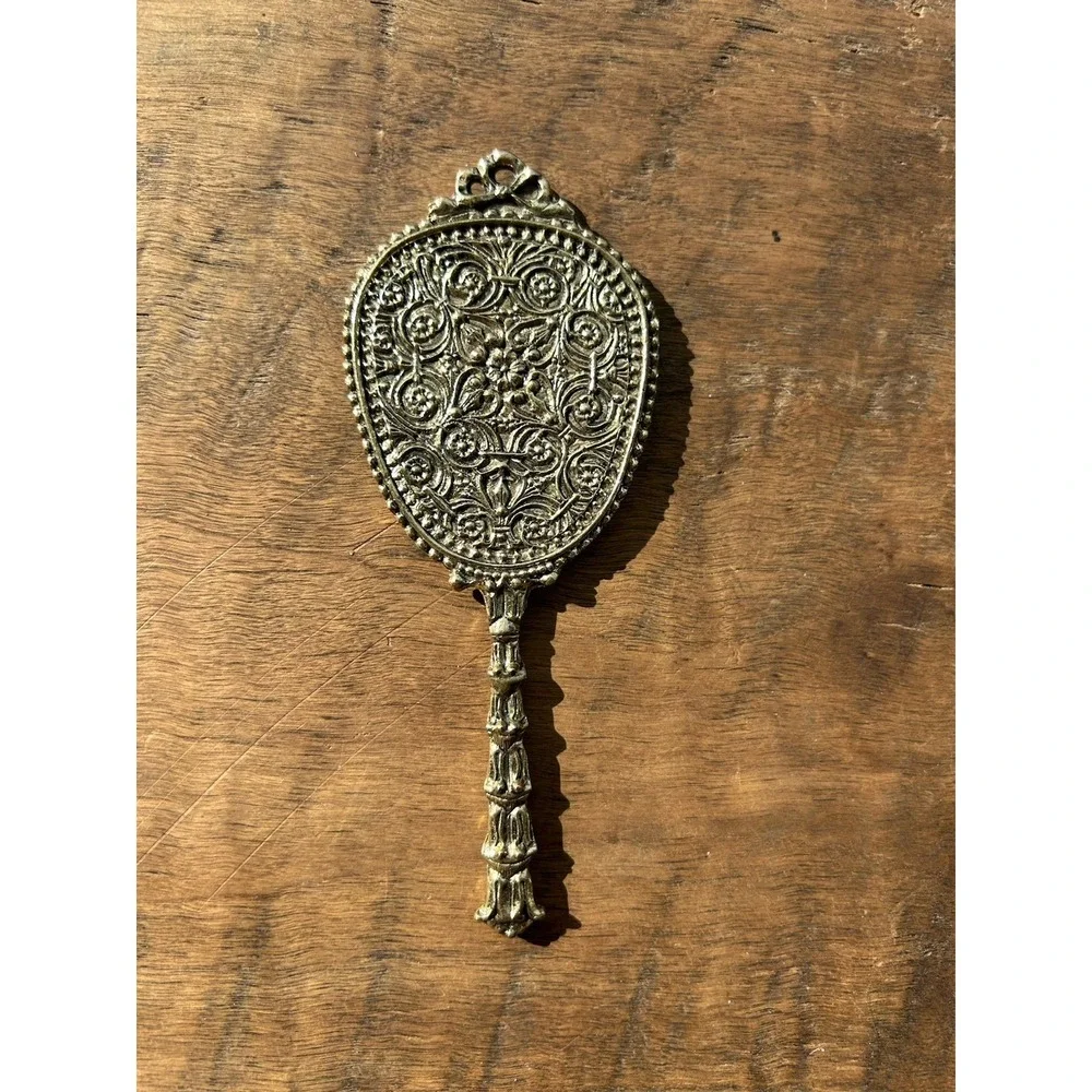 Vintage Ornate Hand Mirror Floral Scroll Gold Tone Vanity Mirror 5.5